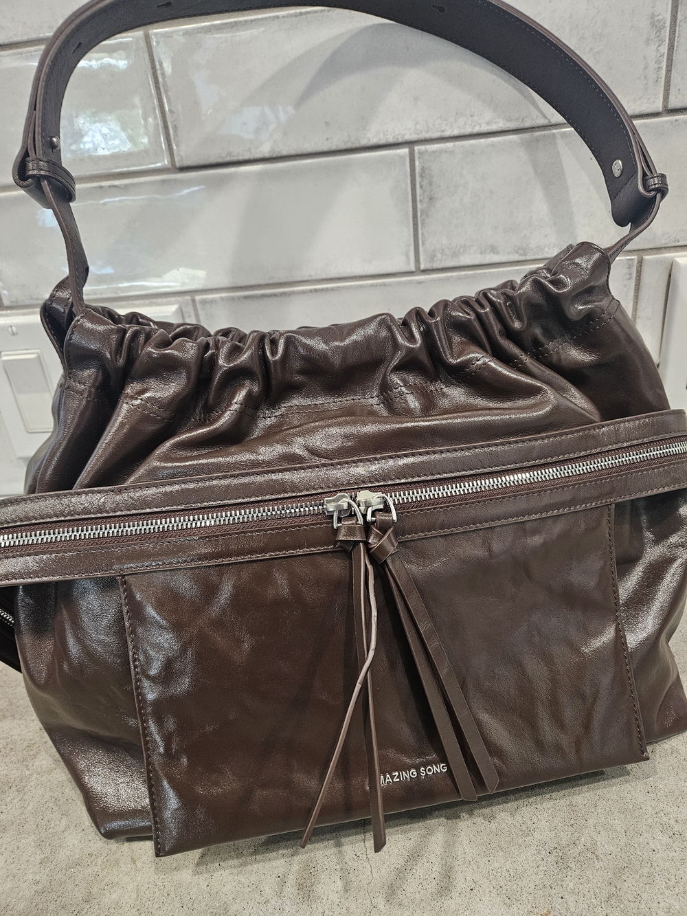Brown Leather Hobo Bag with Front Zip Pocket